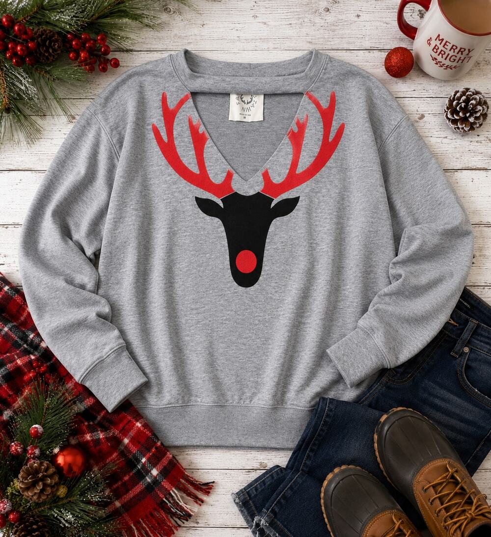 Rustic Fawn Reindeer Graphic Sweatshirt Gray Red Holiday Top Medium